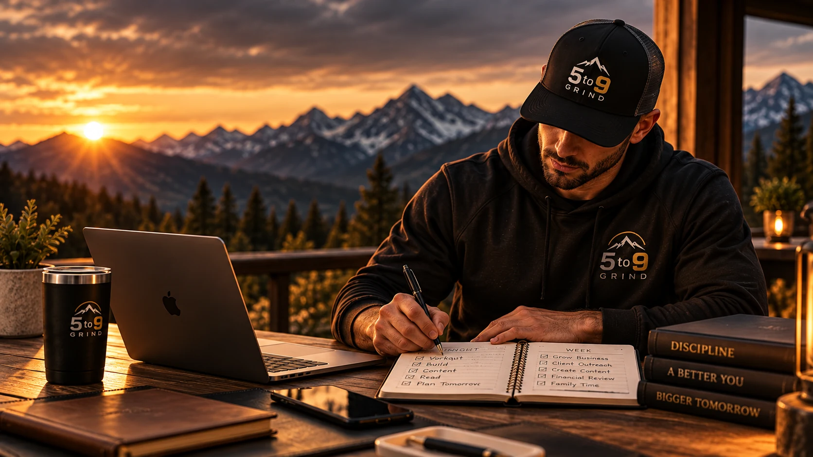 Entrepreneur writing a focused evening work schedule beside a laptop at sunset
