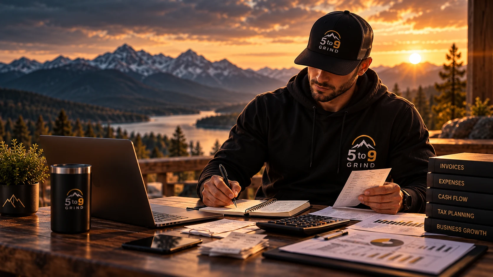 Business owner examining pricing and profitability reports at a mountain-view desk