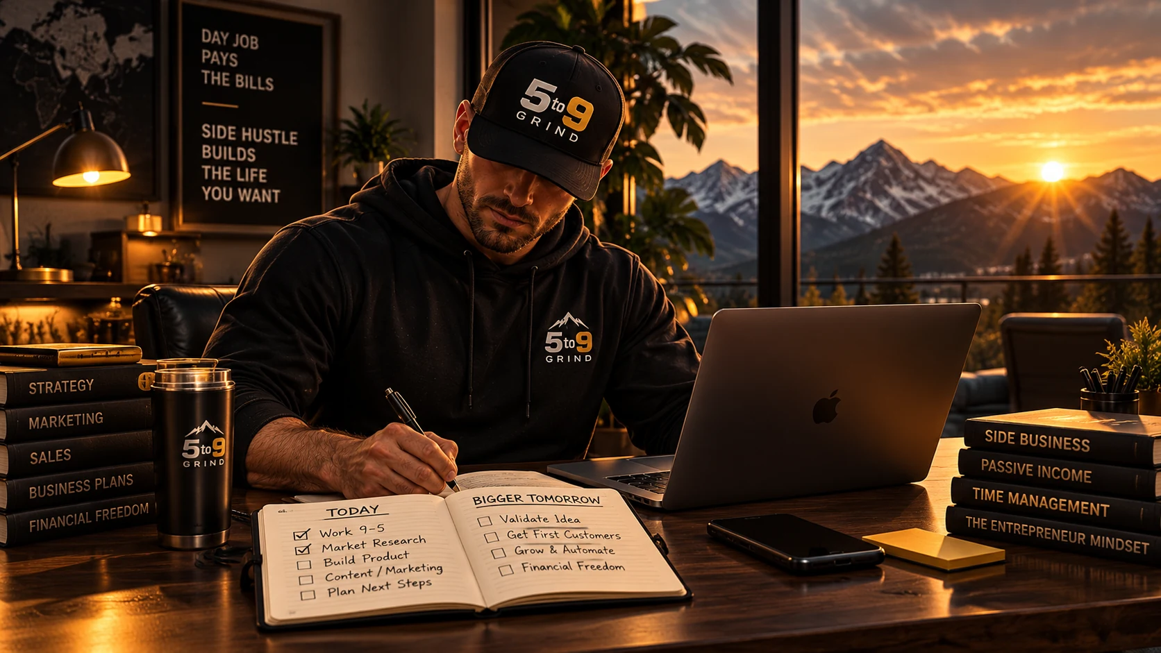 Entrepreneur planning a side business after work with a laptop and notebook at sunset