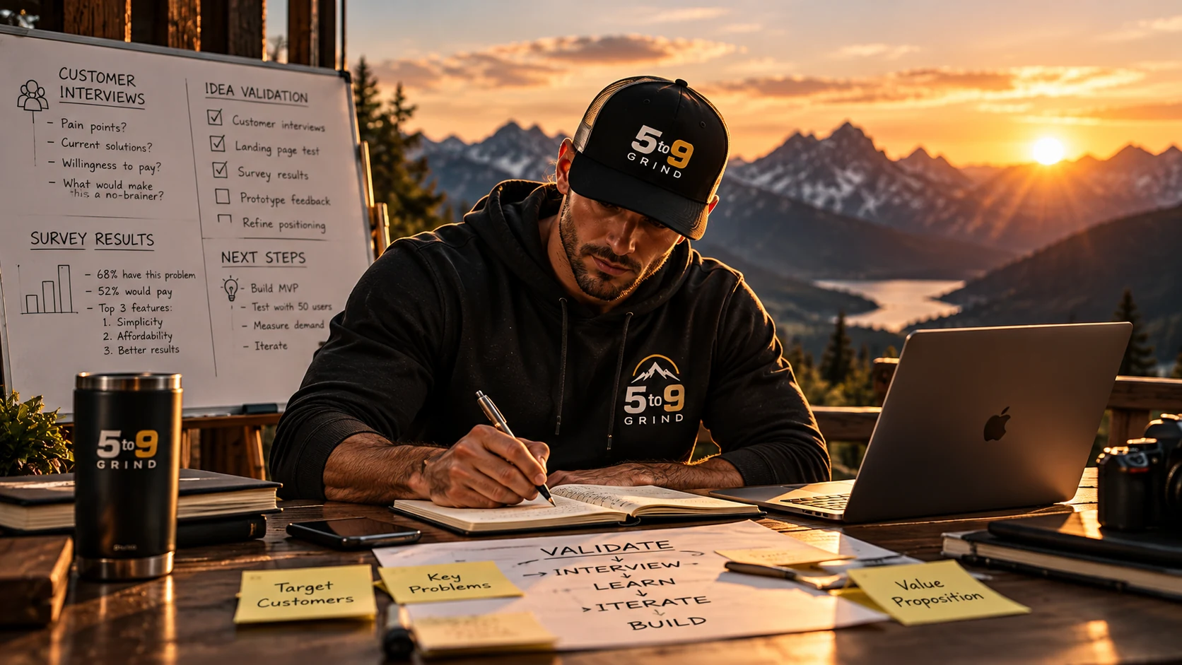 Entrepreneur evaluating a business idea, survey feedback, and next steps on a whiteboard
