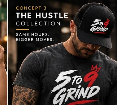 The Hustle collection white and red brush-lettering 5to9 GRIND design