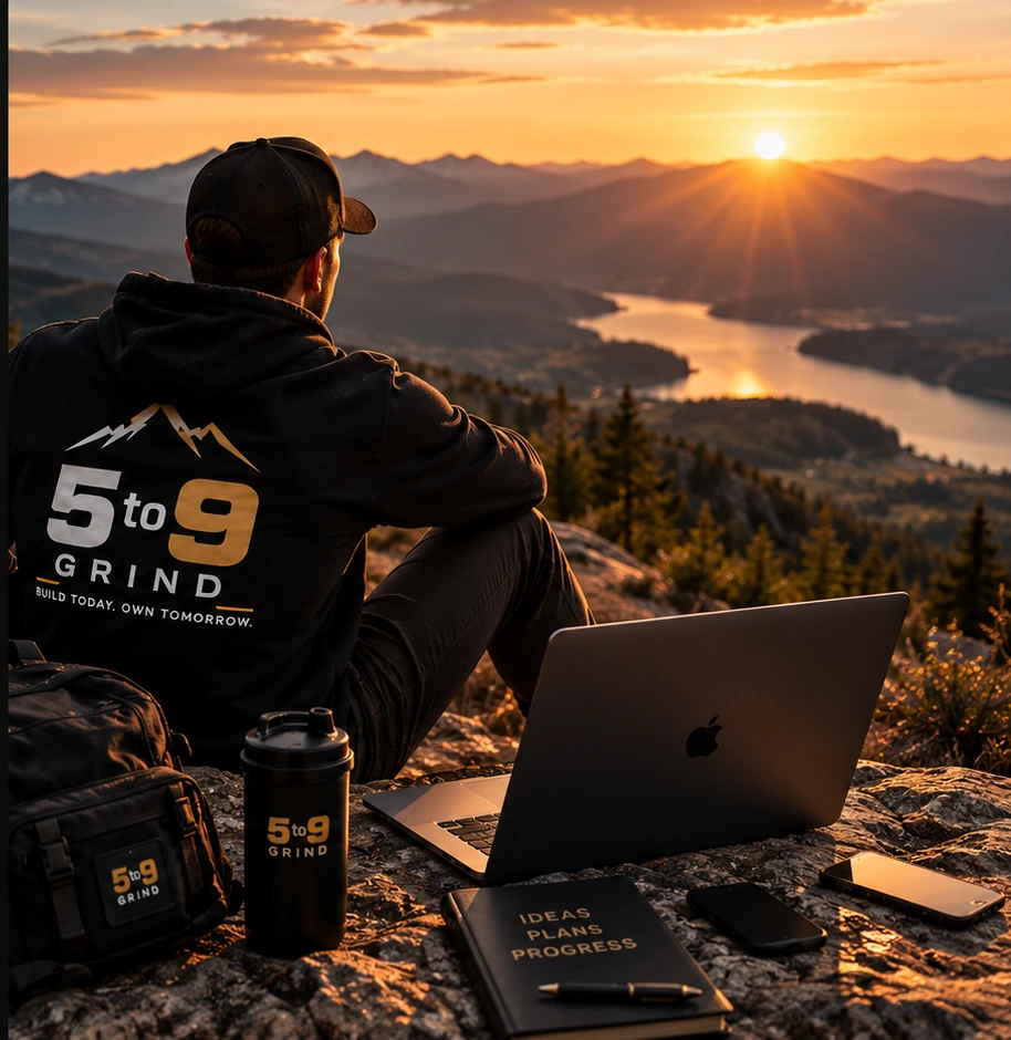 Entrepreneur in 5to9 GRIND apparel reflecting on the next chapter while overlooking mountains and a lake at sunset