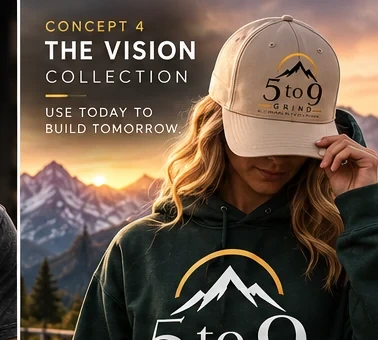 The Vision collection mountain sunrise logo on forest green apparel